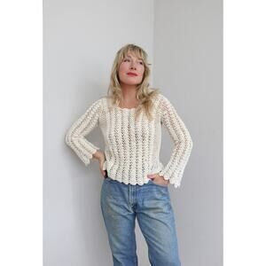 1970's Vintage Cream & Crochet Bell Sleeve Knit Sweater Top ~ Women's XXS to SM